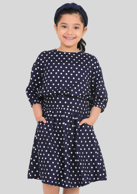 Navy Blue Polka Dot Drop Shoulder Midi Dress with Pocket