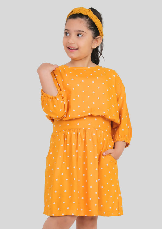 Yellow Polka Dot Drop Shoulder Midi Dress with Pocket