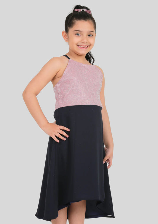 Pink and Navy Blue Party Wear Dress (Georgette)