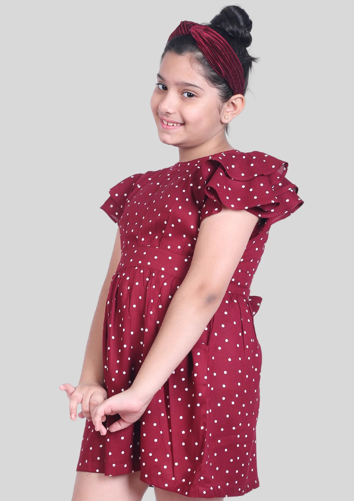 Maroon Polka Dot Backless Midi Dress with Pocket