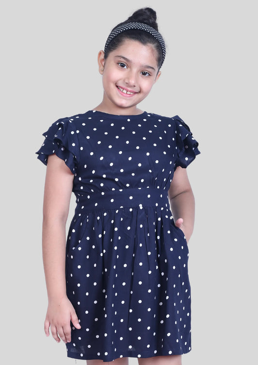 Navy Blue Polka Dot Backless Midi Dress with Pocket