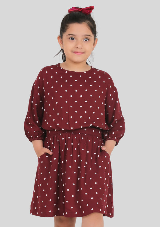 Maroon Polka Dot Drop Shoulder Midi Dress with Pocket