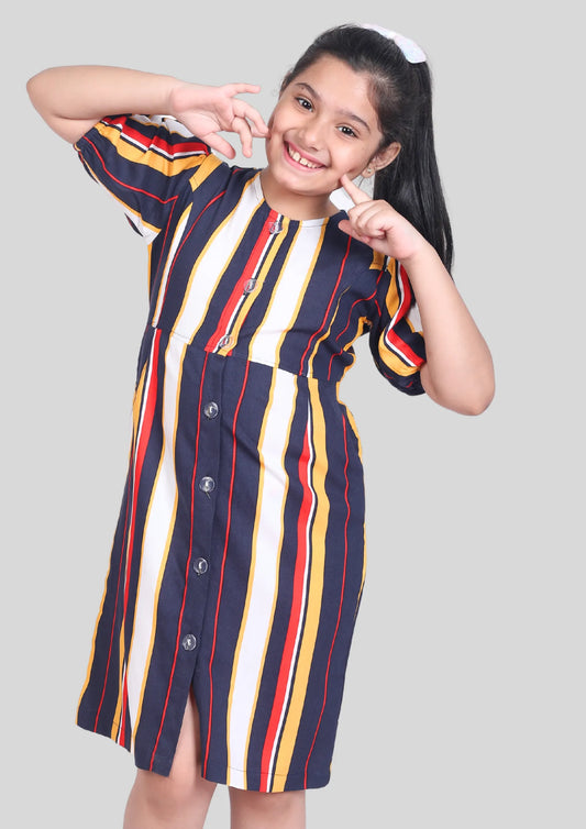 Multicolor Stripe Half Sleeves Midi Dress with Pocket