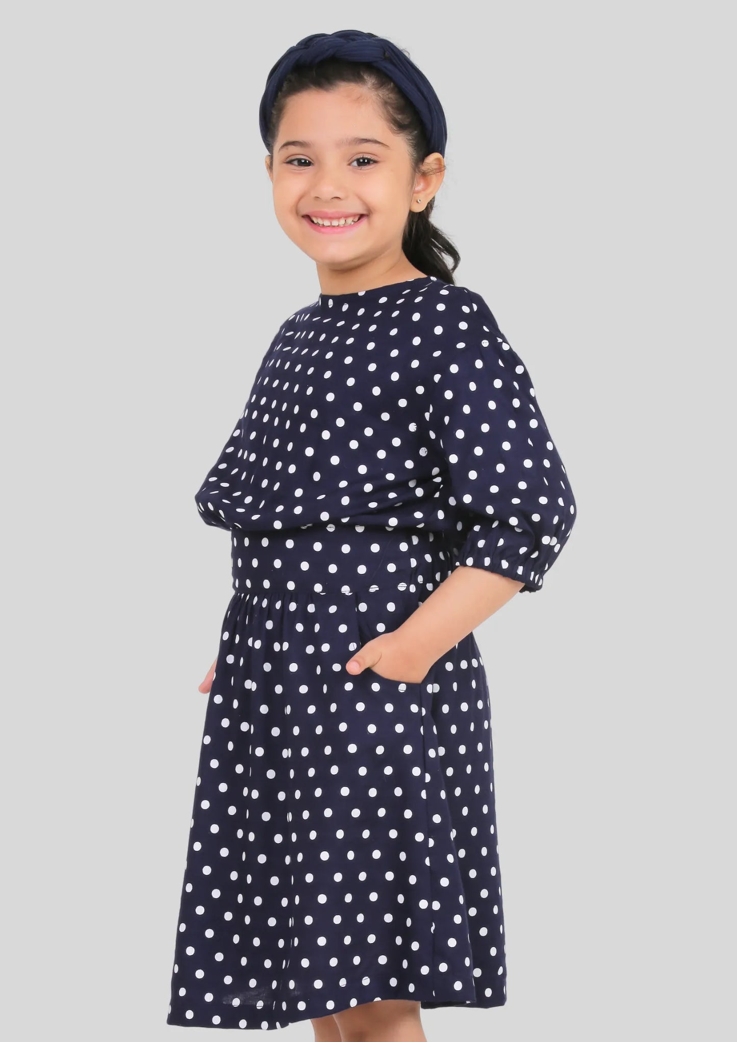 Navy Blue Polka Dot Drop Shoulder Midi Dress with Pocket