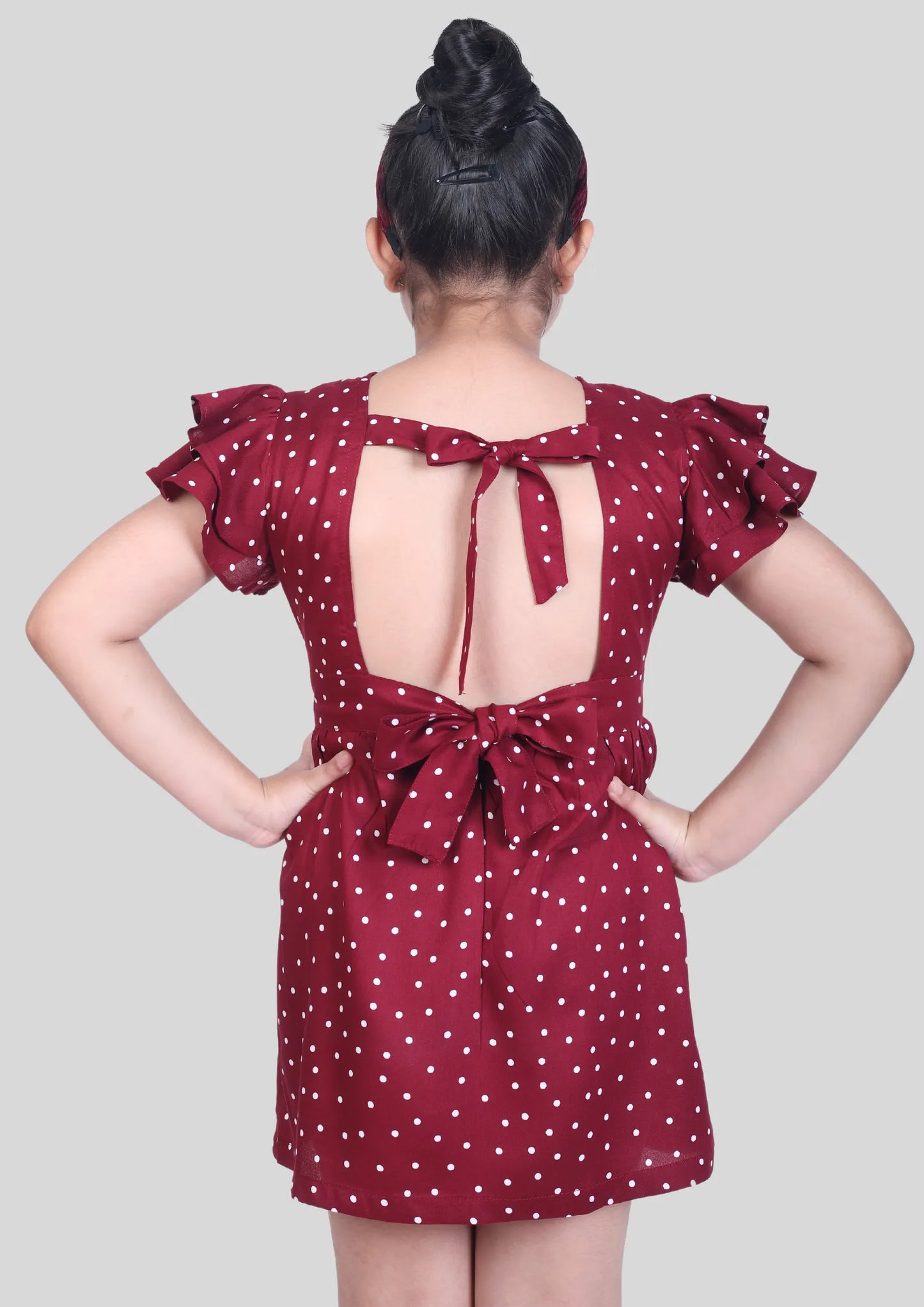 Maroon Polka Dot Backless Midi Dress with Pocket