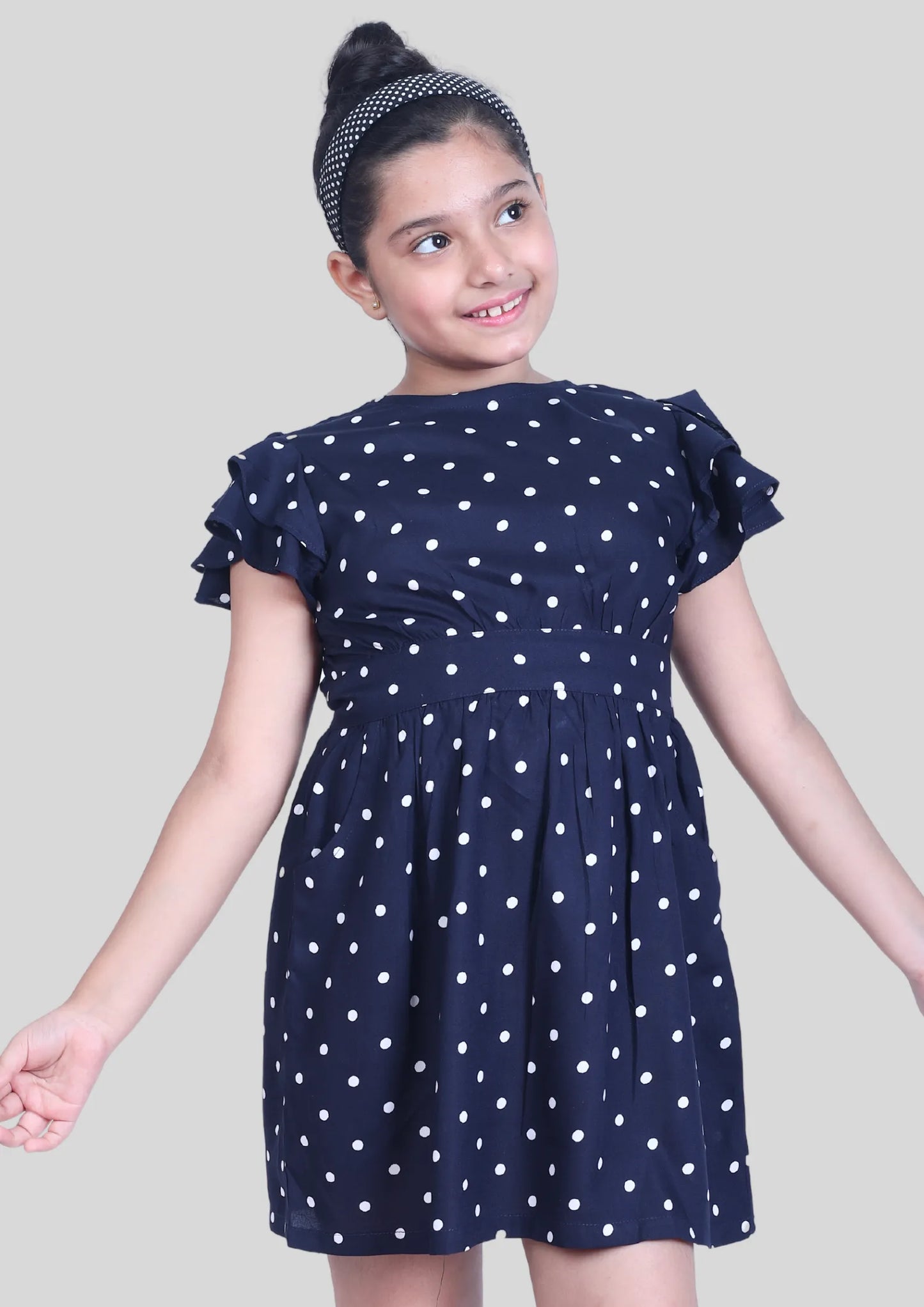 Navy Blue Polka Dot Backless Midi Dress with Pocket